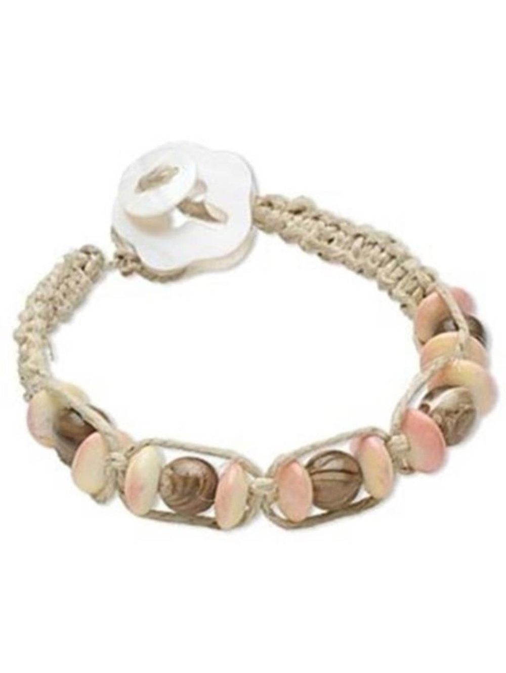 Handcrafted Tan Brown Pink Hemp Wood Yak Bone and Shell Macrame Bracelet